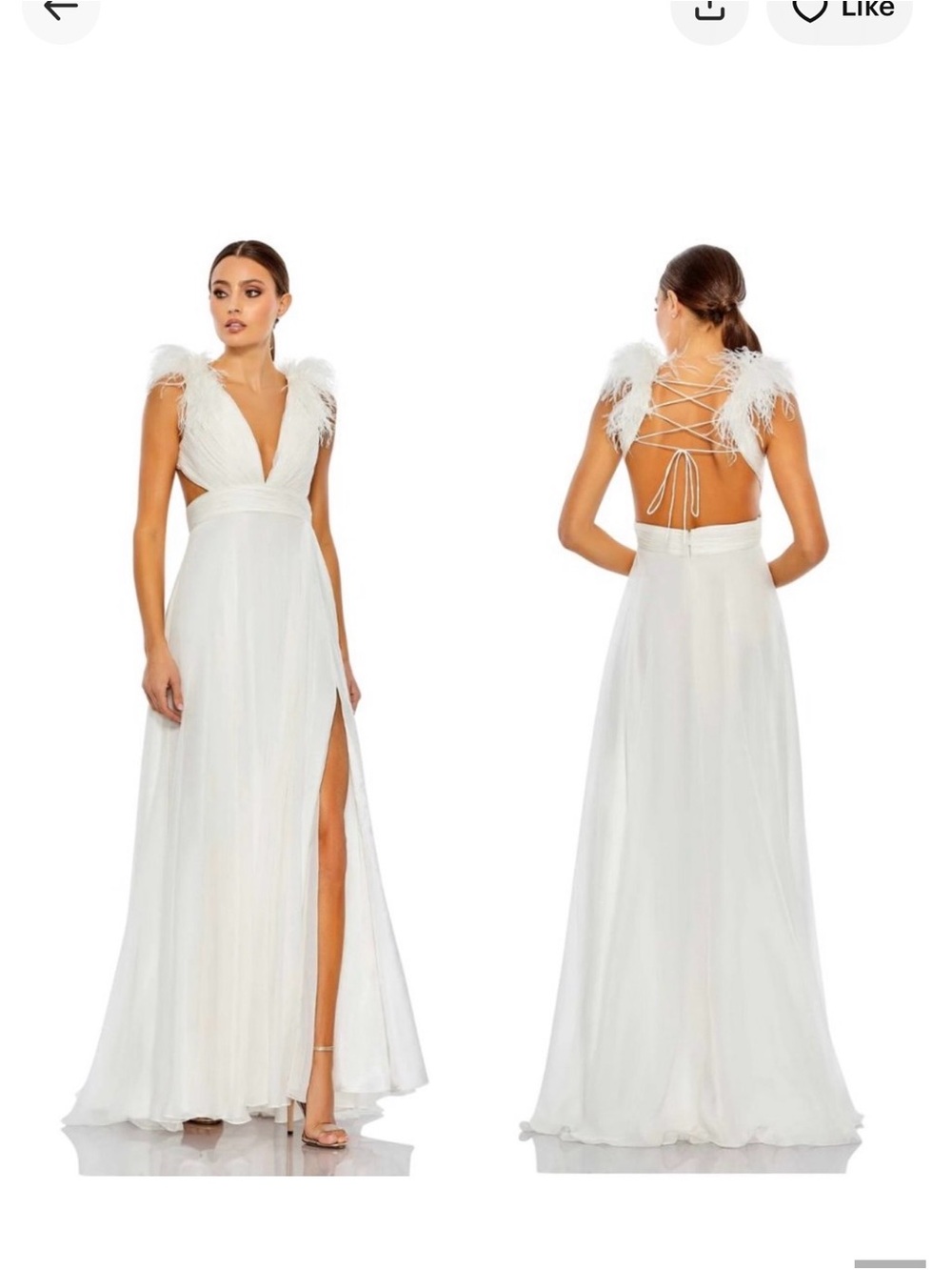 Mac Duggal White Feather-Trim Backless V-Neck Evening Gown